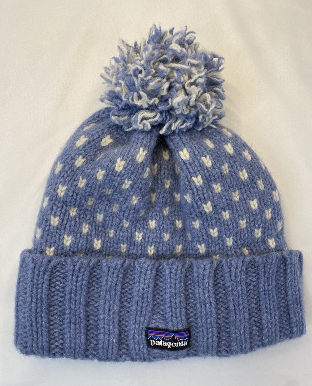 Patagonia Pom Pom Fleece Lined Knit Beanie Blue/White Polka Dot One Size